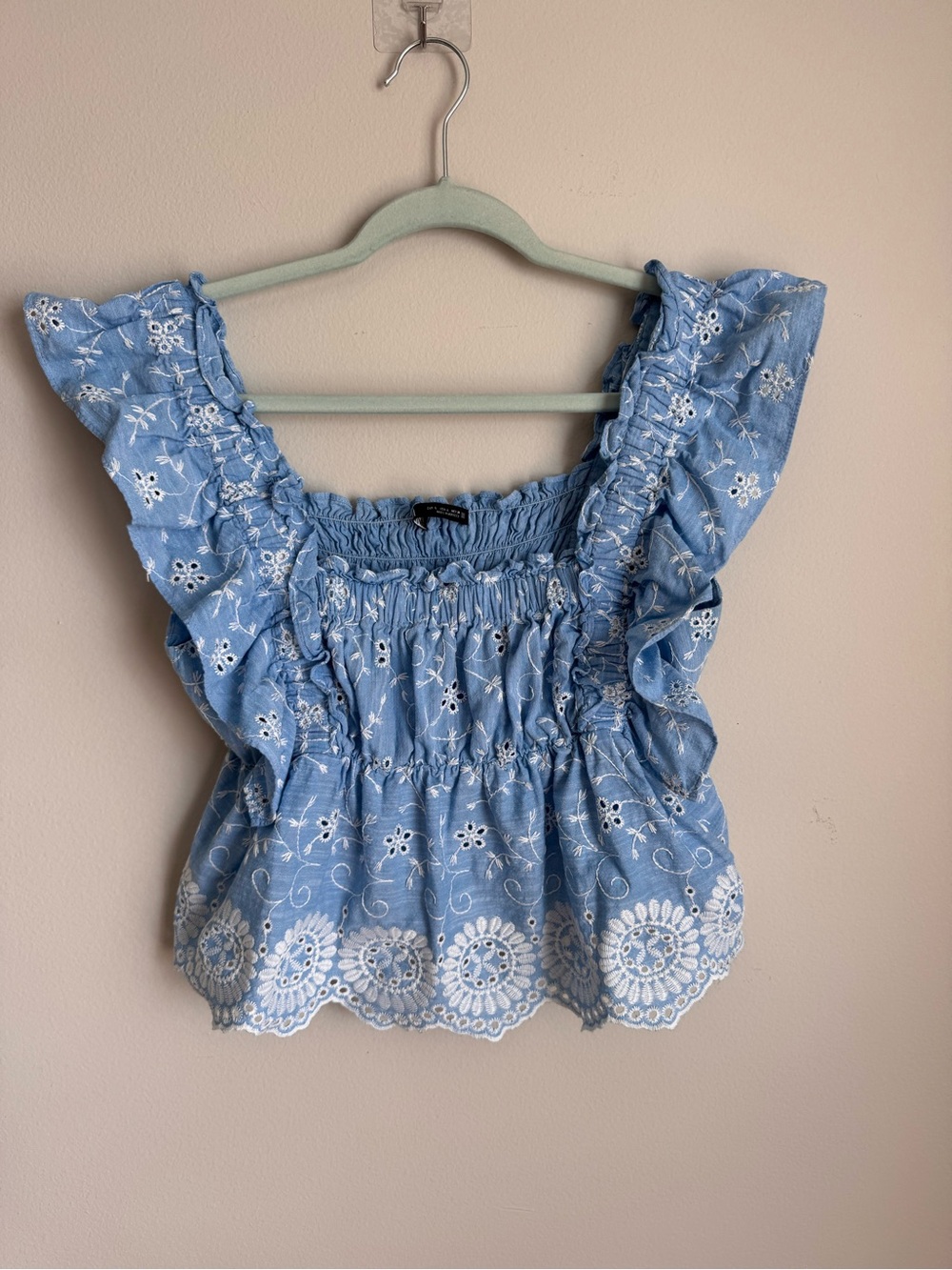 Zara Embroidered Eyelet Ruffle Crop Top Blue Cotton Smocked Back Size L - Picture 3 of 8